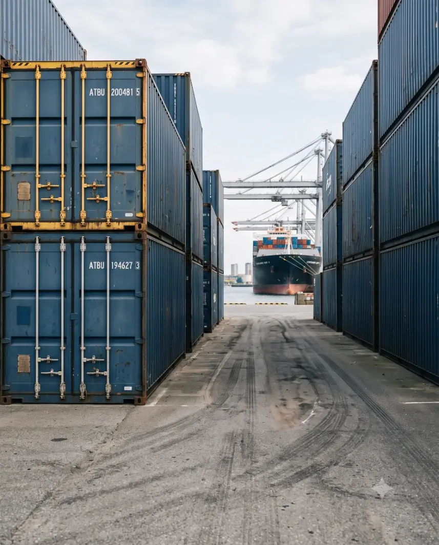 Blick zwischen zwei Containerstapeln im Hamburger Hafen, dahinter ein Containerschiff am Terminal