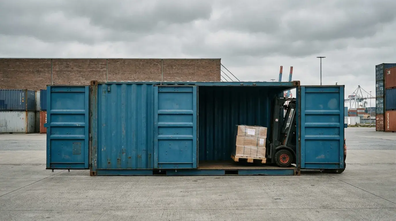 Container mit geöffneter Seitentür und Stapler beim Beladen