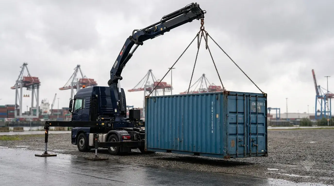 Kran-LKW setzt einen Container am Hamburger Hafen ab