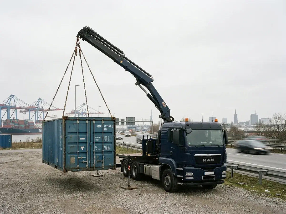 Kran-LKW von A-TAINER an der Autobahn bei Hamburg, Container am Haken