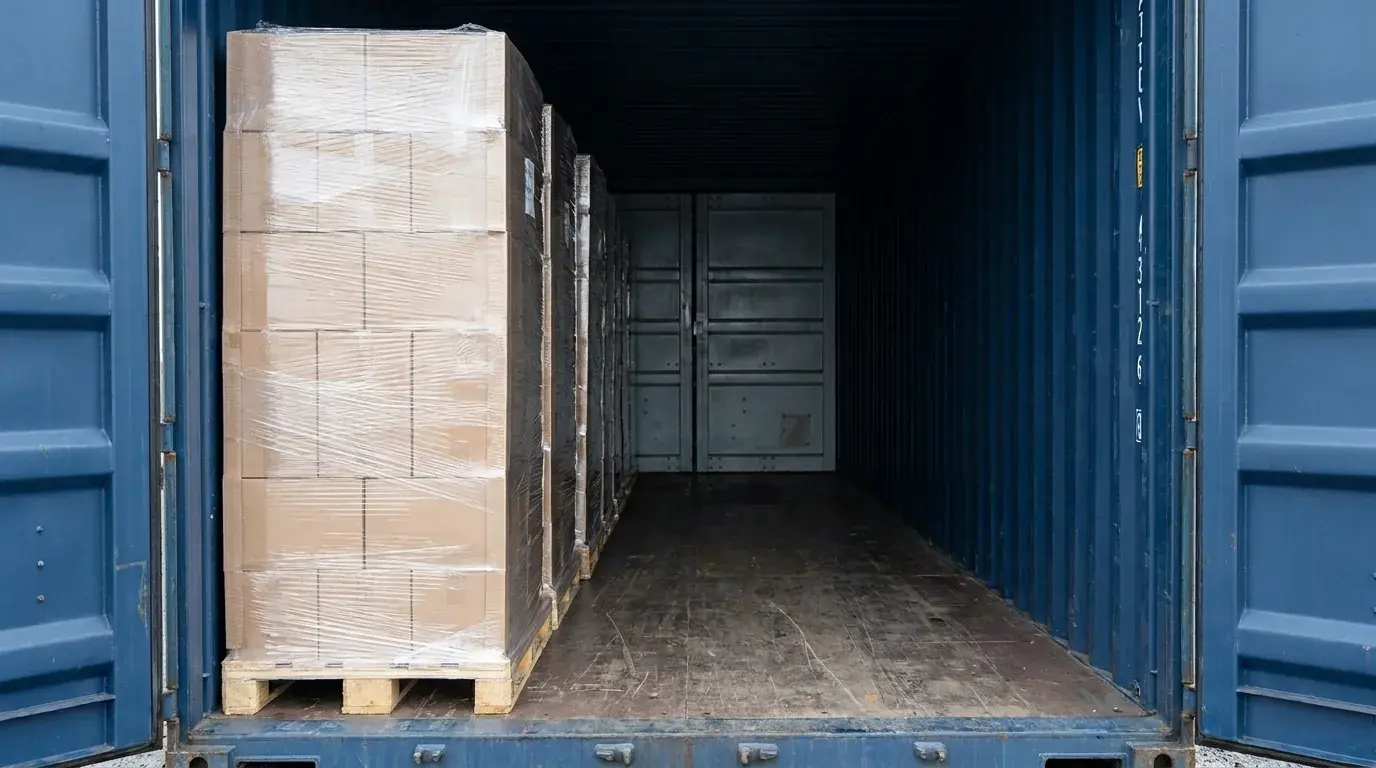 Blick in einen mit Paletten gefüllten Lagercontainer