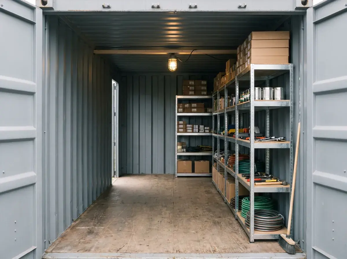 Lagercontainer innen mit Regalsystem und eingelagertem Material
