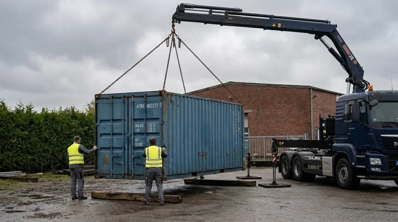 Mietcontainer wird per Kran-LKW beim Kunden in Hamburg aufgestellt